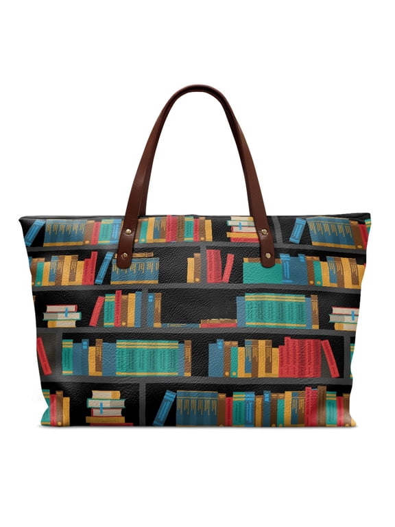 Top Handle Tote Bag with Portable Inner Pocket, Bookshelf Books Pattern Large Capacity Leather Tote Bag for Women for Shopping Excursions