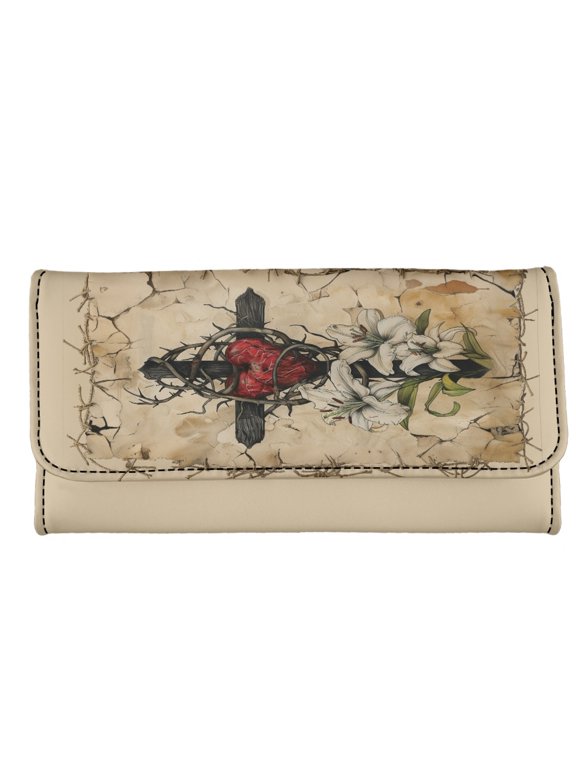 Trifold Wallet Sacred Cross Heart Lily with Pocket Womens Long Wallets for Travel, Leather Buckle Women's Trifold Wallet