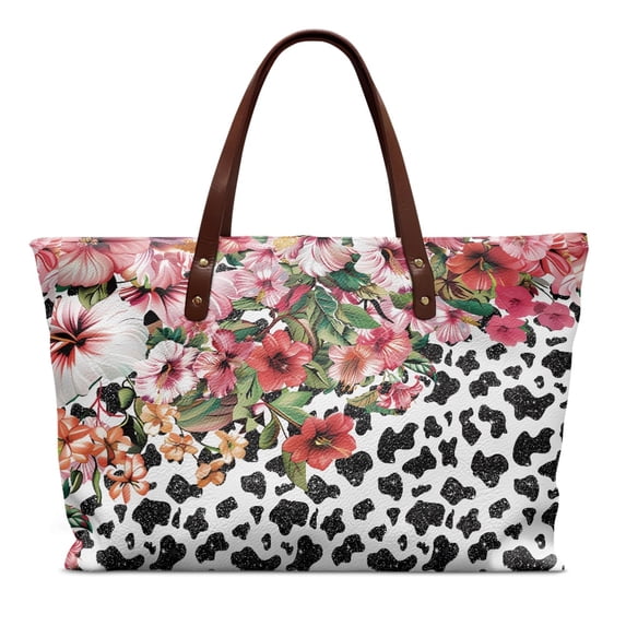 Eheartsgir Tropical Floral & Cow Print Mixed Pattern Handle Handbag with Inner Pocket with Zipper, Large Capacity Top Handle Bag for Travel Shopping