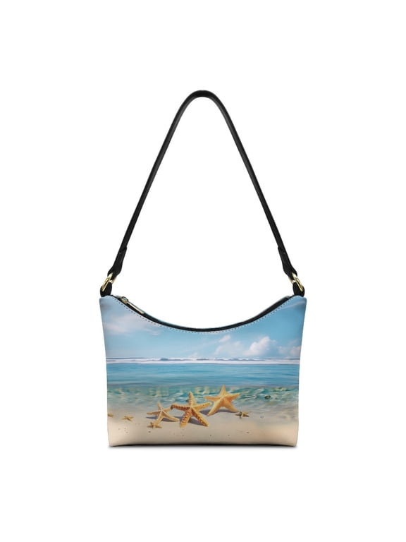 Underarm Sling Bag for Travel, Portable Shoulder Purse Tote Bag PU Leather Hobo Purse Tote for Women, Starfish Beach