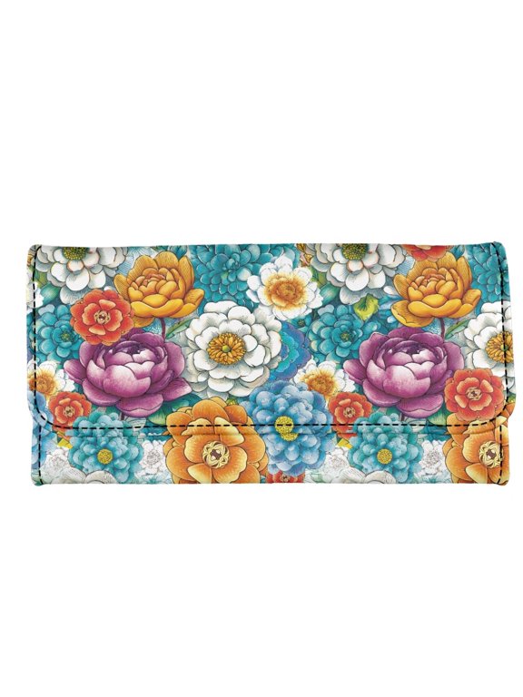 Vibrant Floral Pattern Long Wallet for Travel, Leather Long Trifold Handbag with Inner Zip Section Multi Slot Trifold Wallet