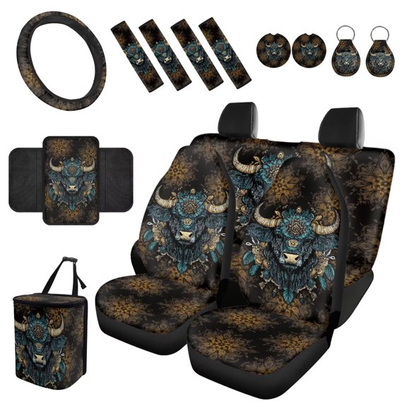 Eheartsgir Vintage Bull Mandala Car Seat Cover Set with Steering Wheel Seat Belt Covers Car Trash Can Center Console Pad Coasters Auto Accessories Decor for Men Women