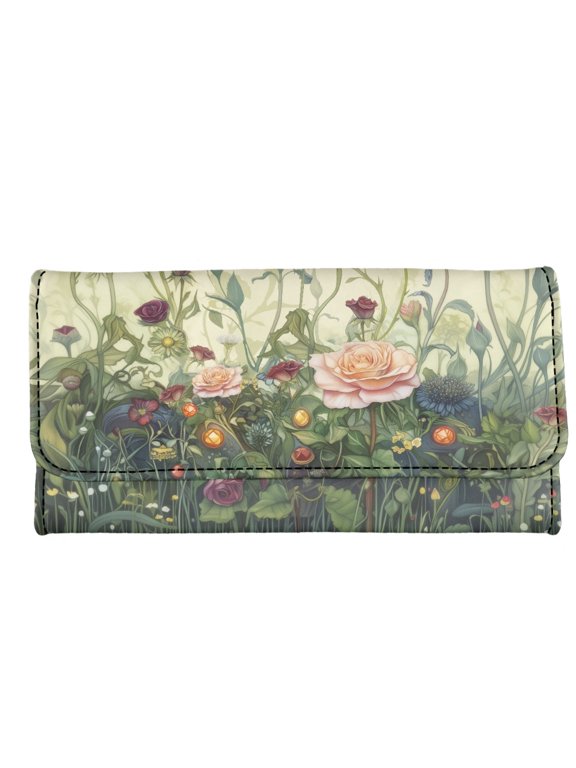 Vintage Wild Rose Pattern Long Trifold Wallet, Leather Long Wallet for Working, Commuter Large Capacity Women's Trifold Wallet