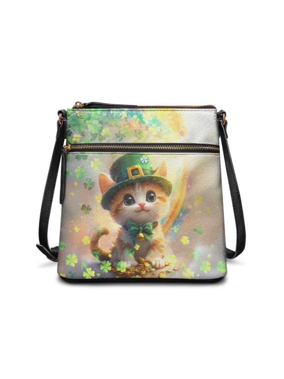 Waterproof Pu Leather Single Shoulder Crossbody Purse, Adjustable Strap Durable Bag, Lucky Cat Clover Print for Daily Dating