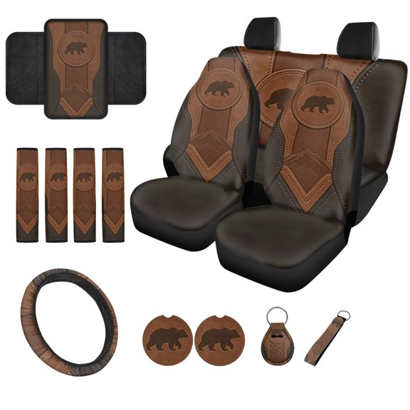 Eheartsgir Western Bear Print Car Seat Covers 14Pcs Car Accessories with Auto Steering Wheel Covers Seatbelt Pads Keychain Cup Holder Interior Sets Universal Fit