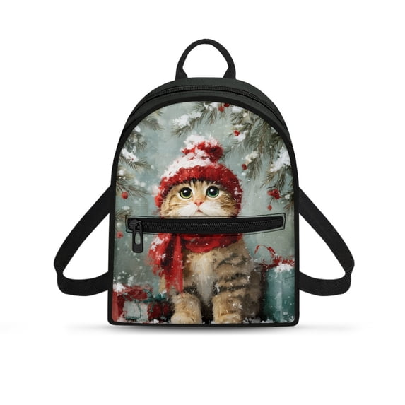 Eheartsgir Winter Cat With Hat Print Womens Purse Lightweight Mini Cell Phone Purse for Travel Daily Use, Polyester Lots of Pockets Mini Backpack