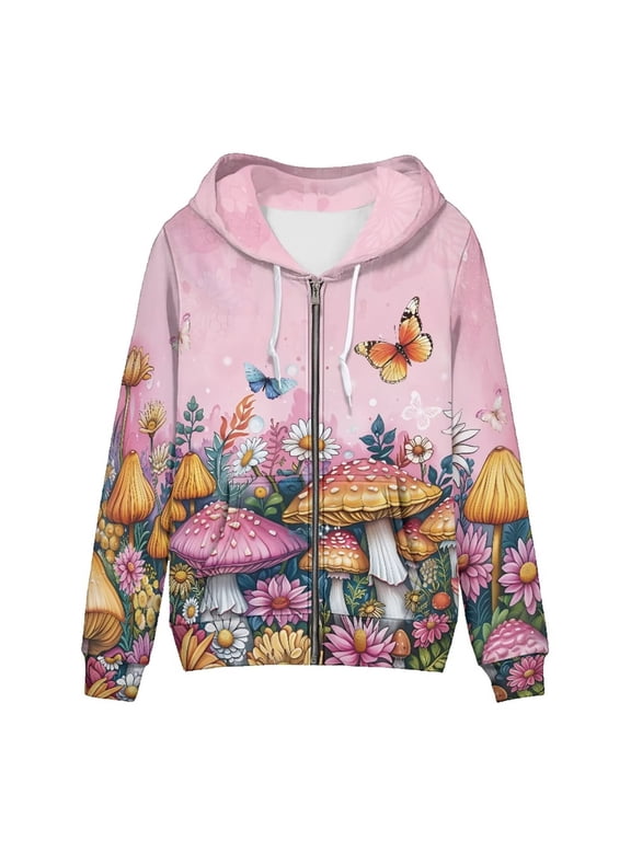 Women's Butterfly Mushroom Floral Hoodie Jogging Sweatshirts Plus Size Soft Hooded Jackets Fashion Zip Up Hoodies Athletic Long-Sleeve Clothes
