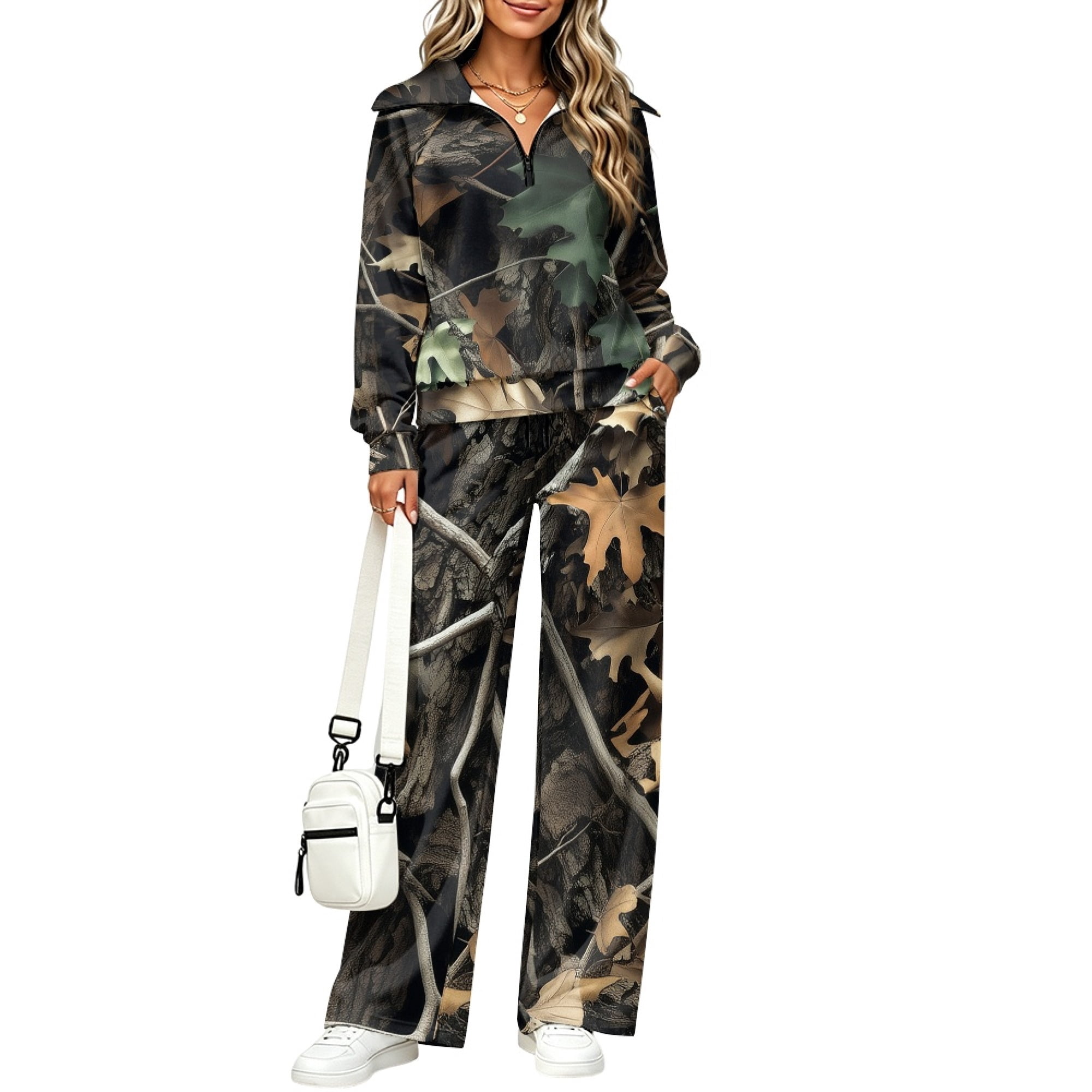 Eheartsgir Woodland Camo Leaf Pattern Lounge Sets, Collared Wide Leg ...