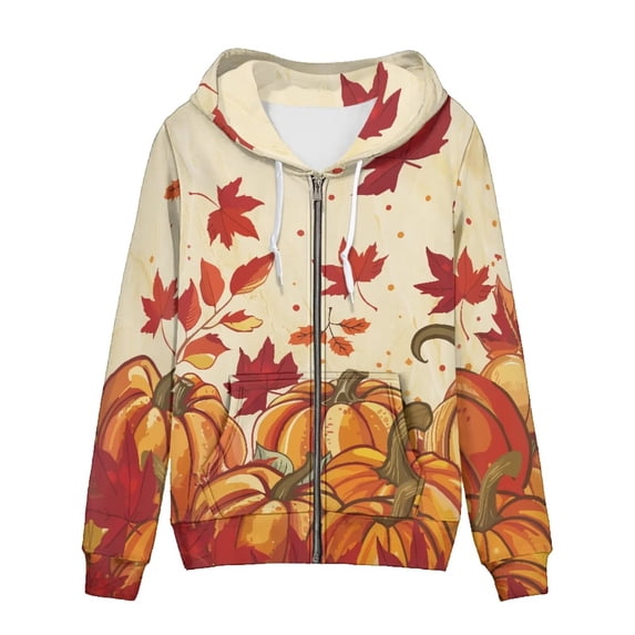 Eheartsgir Zip-up Hoodie for Women Cozy Sweatshirt Maple Leaves Pumpkin Hooded Jacket Hoodie Thin Pullover Tops with Pocket Autumn Winter Outwear Plus Size Coat