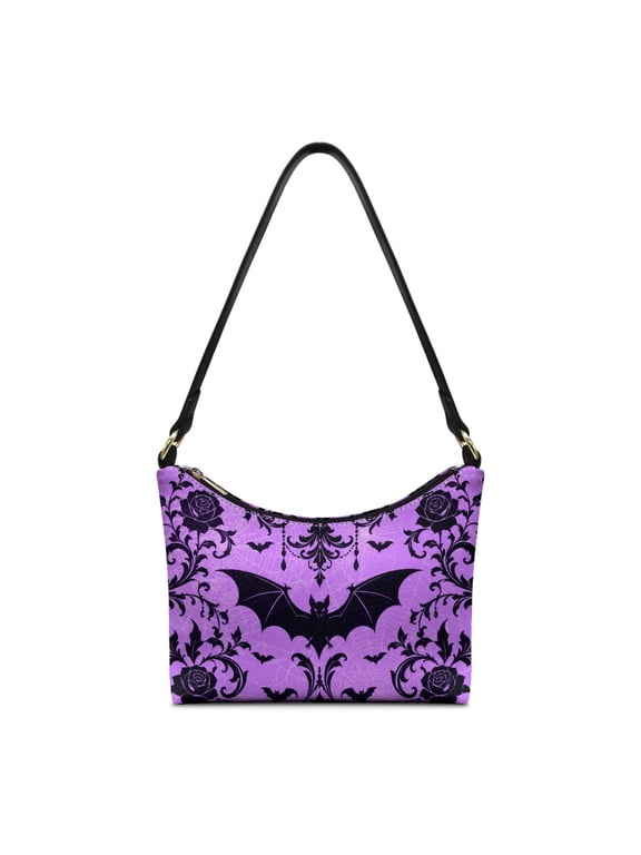 with Zipper Closure Handbag Shoulder Bag for Party, Purple Bat Damask Pattern Casual Hobo Purse PU Leather Underarm Sling Bag for Women