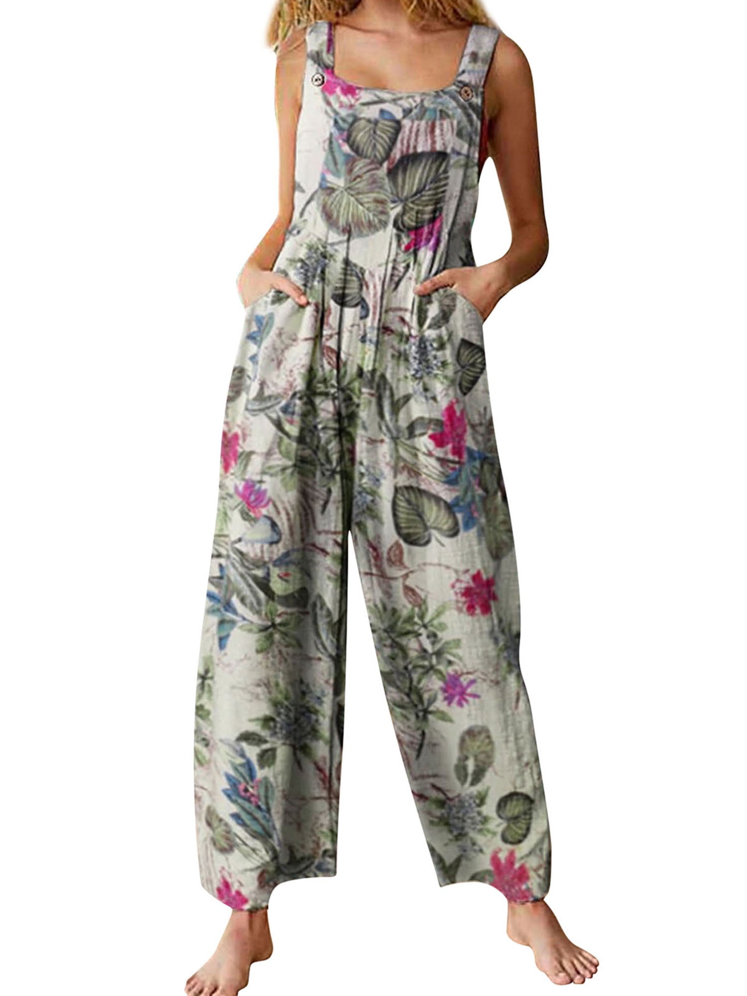 Ehfomius S-2XL Floral Print Jumpsuit for Women Summer Sleeveless Loose ...