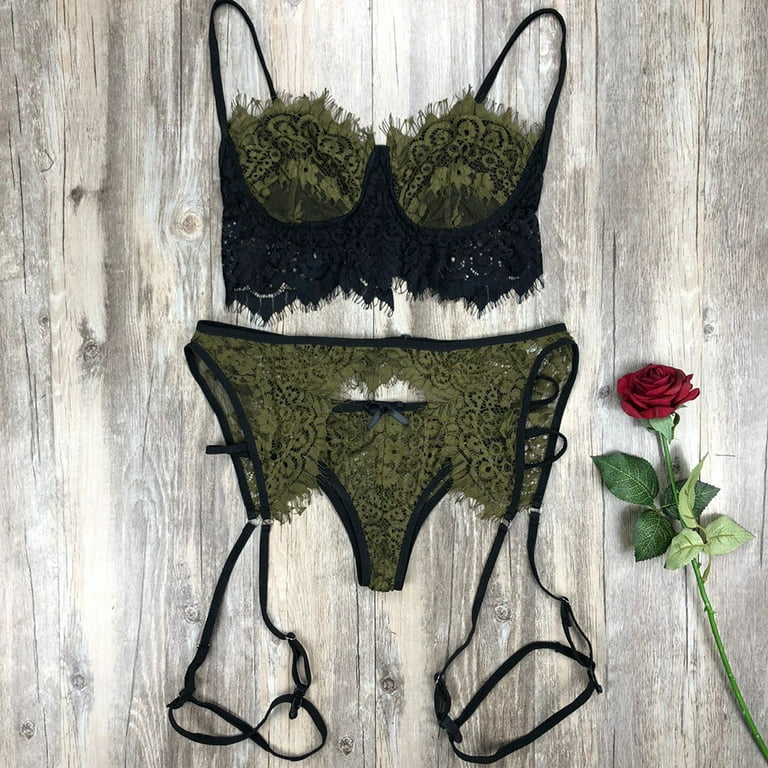 Ehfomius Women Lace Bra+Panties+Suspender, Sheer Floral Lace Sexy Lingerie  Sets
