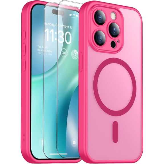 Ehgah Designed for iPhone 15 Pro Max Case, Magnetic Translucent [2 Tempered Glass Screen Protector] [Full Camera Protection] Anti-Fingerprint Anti-Scratch for iPhone 15 Pro Max 6.7, Hot Pink