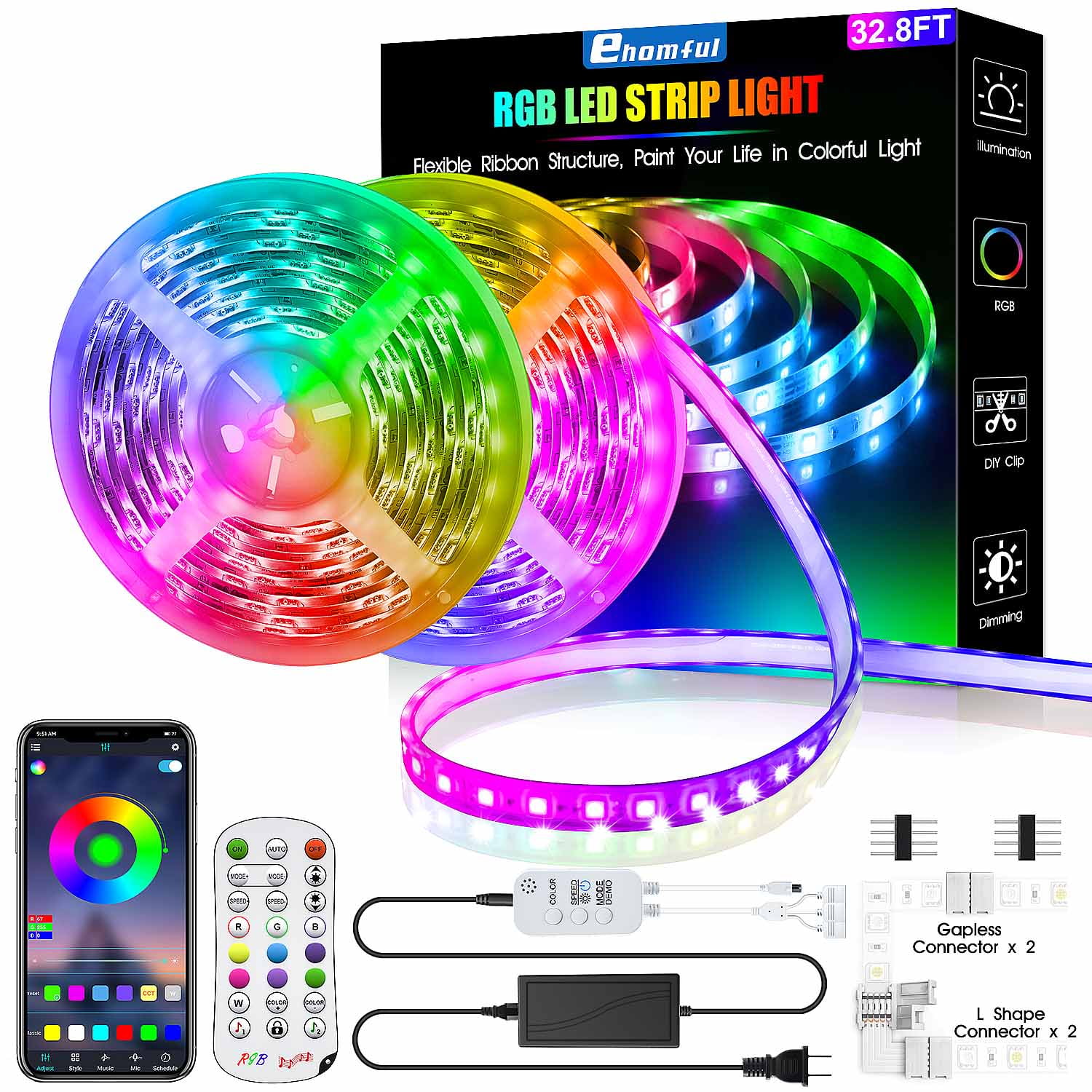 50ft/15M LED Strip Lights, HRDJ RGB LED Light Strip Music Sync RGB