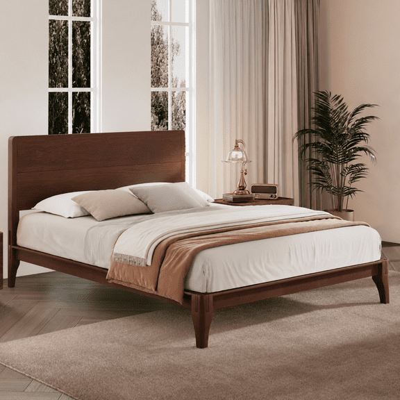 Ehsovlnut Mid-Century Modern Bamboo Platform Bed Frame with Tall Headboard, Wood Slats and Metal Support, No Box Spring Needed, Easy Assembly