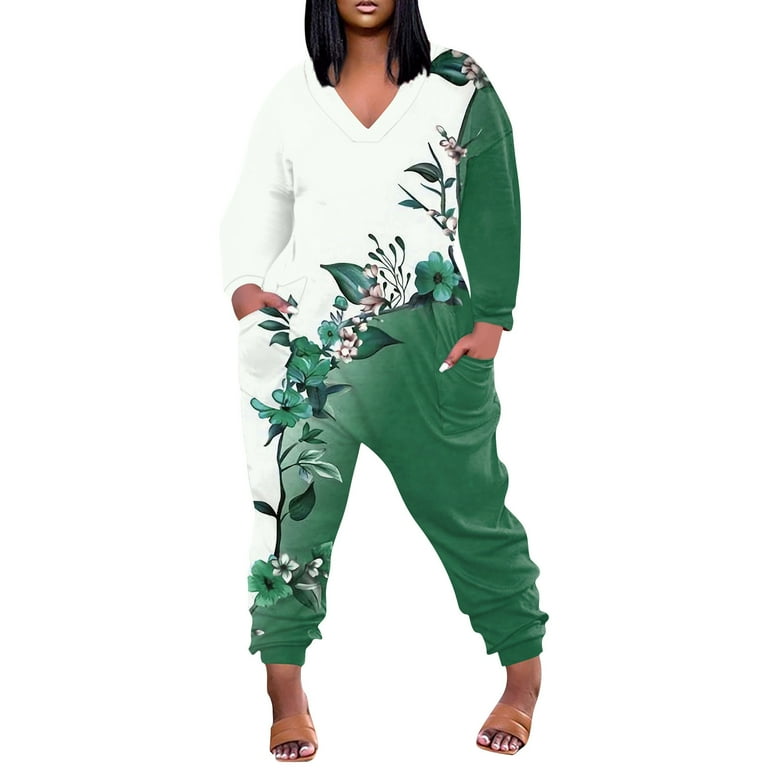 Ehtmsak Long Sleeve Jumpsuit for Women Plus Size Solid Color Plus Size Long Sleeve Overalls Casual Petite Flowers Rompers with Pockets Loose Fit Cinch Bottom Bib Walmart