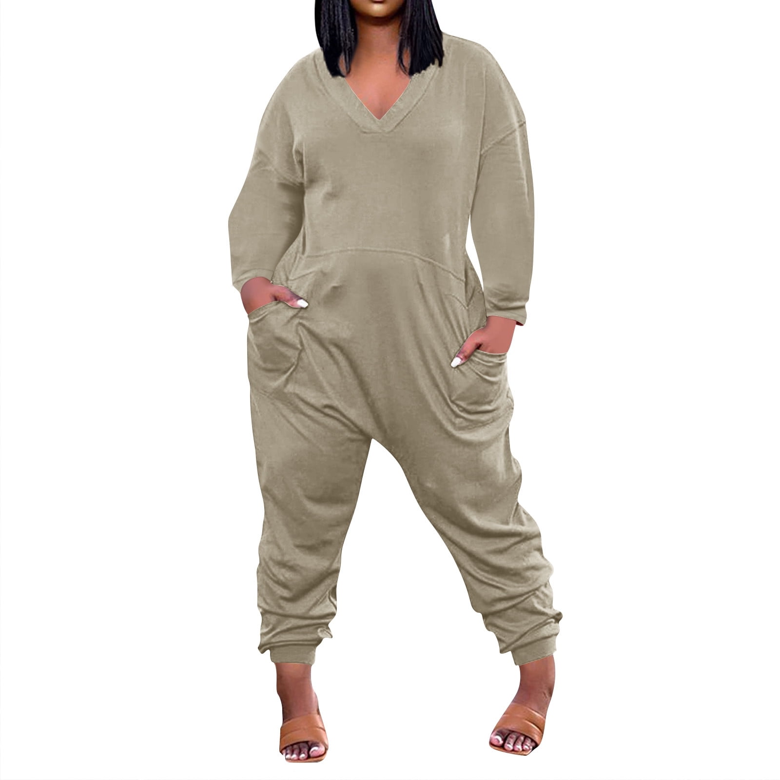 Ehtmsak Ribbed Jumpsuit for Women Long Sleeve Petite Cinch Bottom Plus Size Overalls Solid Color Khaki Casual Loose Fit Bib Long Sleeve Solid Color