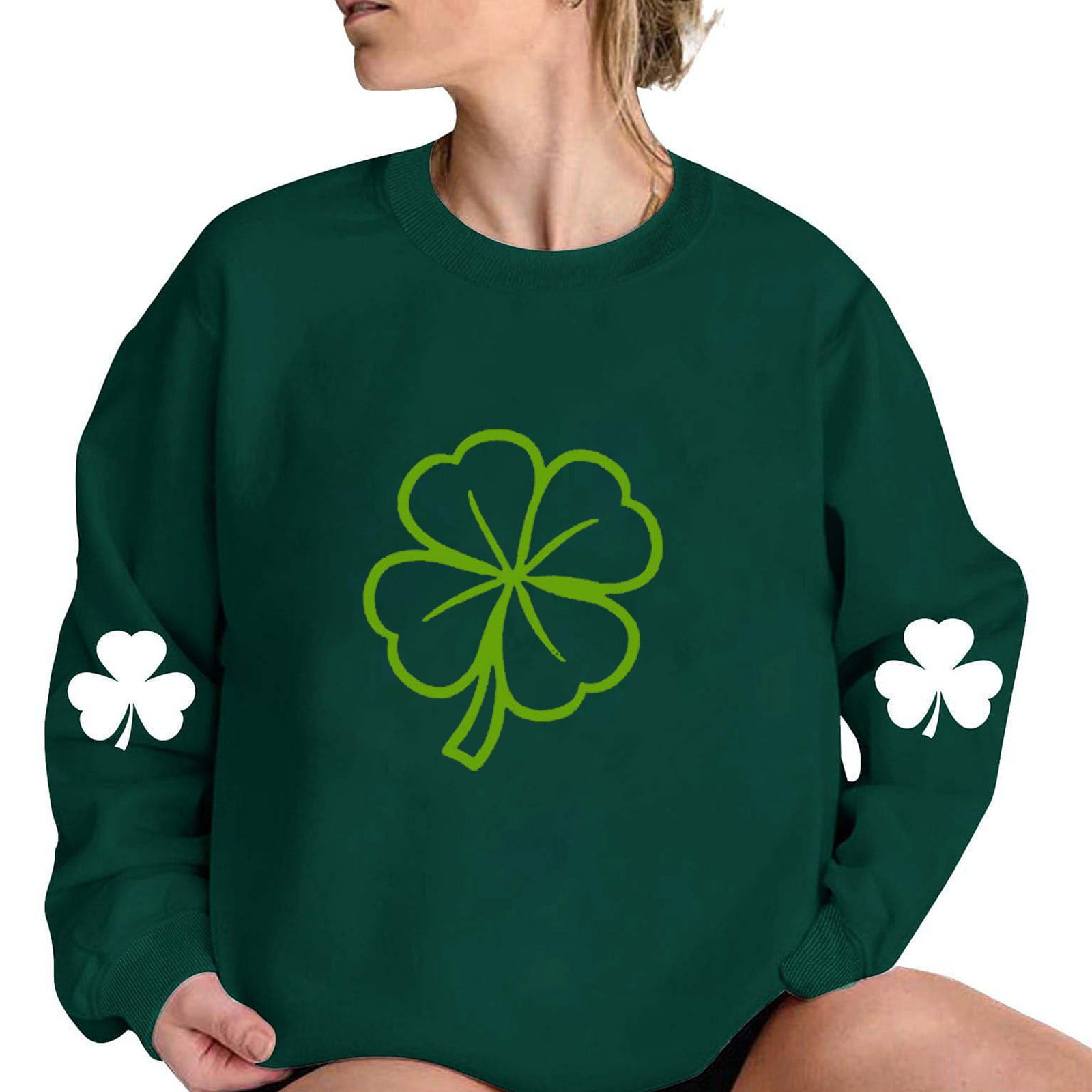 Ehtmsak St Patrick Sweatshirt Women Lucky Green Tie Dye Plus Size Shirts Clover Leaf Printed Crew Neck Sweatshirt Long Sleeve 2024 Graphic Shamrock