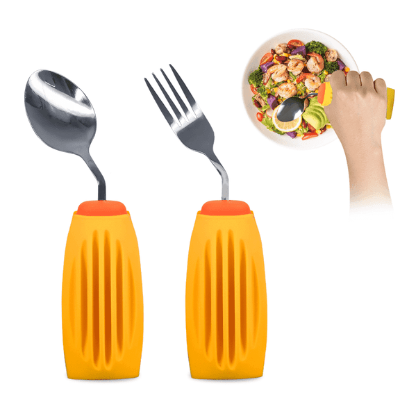 Ehucon Adaptive Utensils, Weighted Spoon & Arthritis Fork Set, Non-Slip Self-Feeding Aid for Hand Tremors, Parkinsons Utensils, Elderly Utensils, Right Hand Use, Orange & Yellow