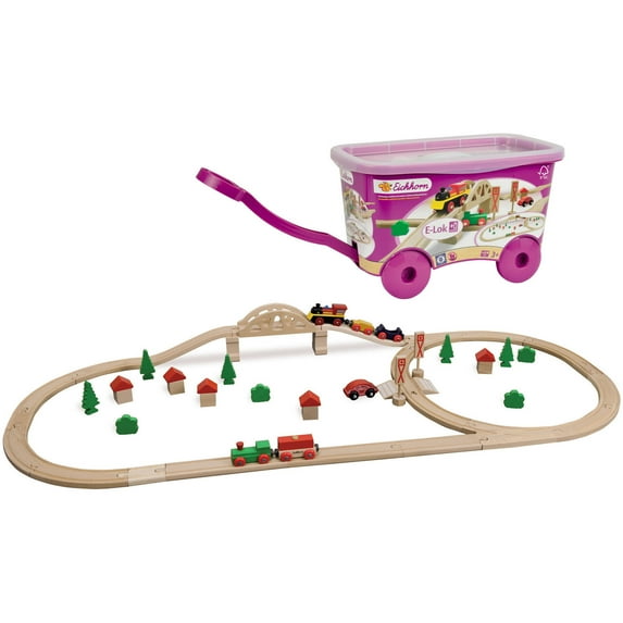 Eichhorn 55-Piece Wooden Train Set with Bridge and Storable Wagon