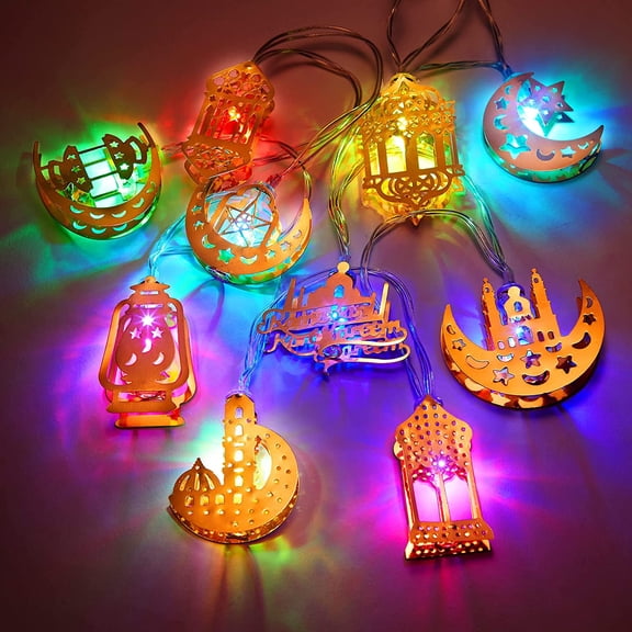 Eid Al Adha Decorations String Lights, 6.56 Feet 10 LEDs Eid Moon Star Kerosene Lantern Lamp, Battery Operated for Ramadan Outdoor Home Decoration Party Supplies (Bright Color)