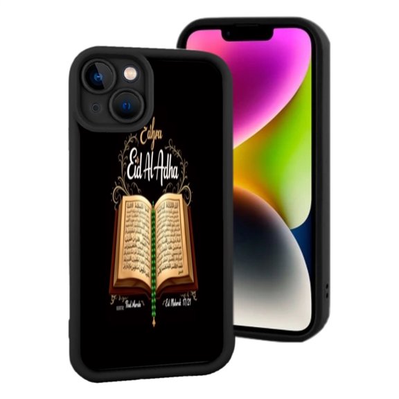 Eid Al - Adha Decorative iPhone 15 Case - Lightweight Yellowing Resistant Featuring Script & Traditional Book Design on Black