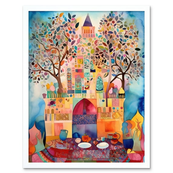 Eid Al-Fitr Feast Folk Art Watercolour Painting Art Print Framed Poster Wall Decor 12x16 inch
