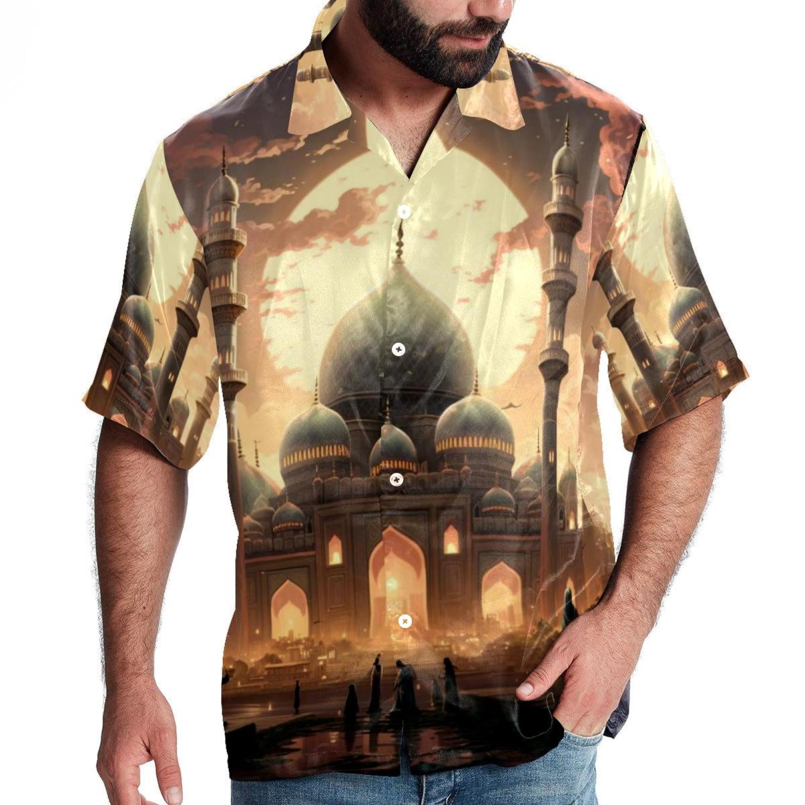 Eid Al Fitr Men's Short Sleeve Printed Button Down Hawaiian Beach