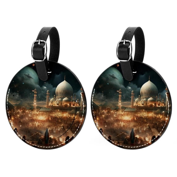 Eid Al Fitr Set of 2pcs PU Leather Round Suitcase Tags with Privacy Cover and Name ID Tag - Ideal for Travel Luggage, Handbags, Backpacks, School Bags