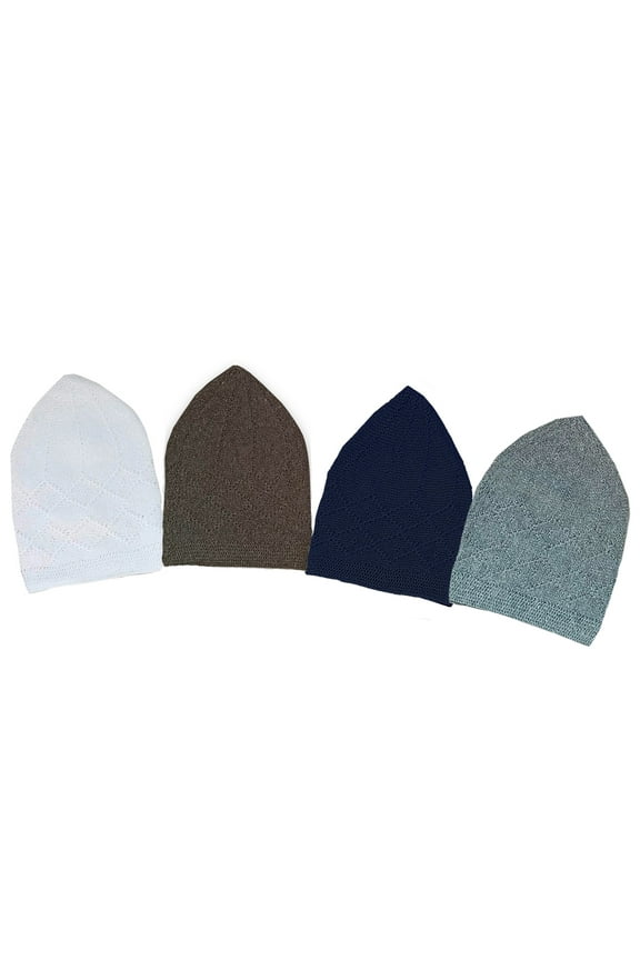 Islamic Knitted Kufi Topi Prayer Hat Crochet Cap Taqiyah Takke Skull Beanie for Muslims, Prayers and Islamic Eids, Snow White - Seaweed Green - Navy - Gray