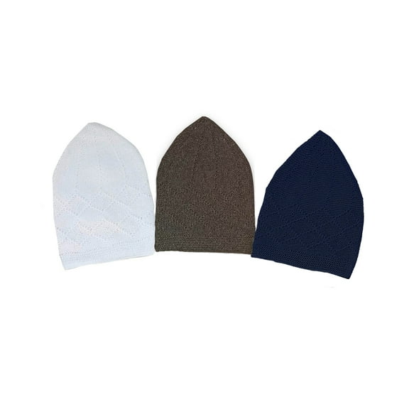 Eid Islamic Knitted Kufi Topi Prayer Hat Crochet Cap Taqiyah Takke Skull Beanie for Muslims, Prayers and Islamic Eids, Snow White-Green-Navy