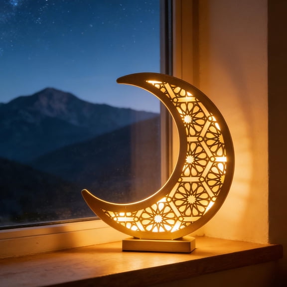 Eid Moon Lamp LED Light Stand, 3D Illuminated Ramadan Decorations For Home, Battery Operated Moon Lamp With Stand, Table Centerpiece Night Light For Bedroom, Eid Craft Gift Home Decor,A