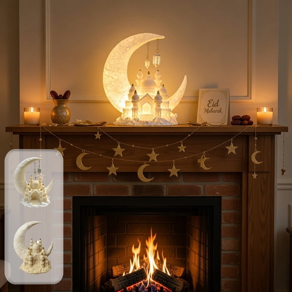 Eid Moon Night Light with Mosque Design, Warm LED Resin Lamp for Home Decor, Living Room or Bedroom Tabletop Decoration