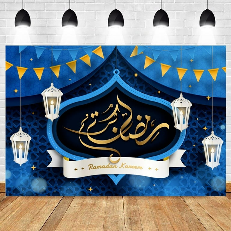 Mocsicka Eid Mubarak Banner Backdrop – 70.8x43.3 Inch Blue Ramadan Party Decor