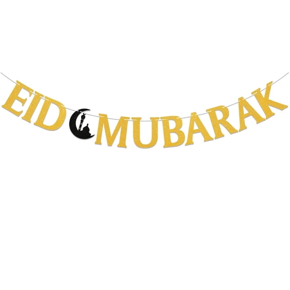 Eid Mubarak Banner - Eid Al Adha Decorations, Ramadan Mubarak Bunting Sign, Happy Eid Muslim Ramadan Mubarak Decor Gold Glitter