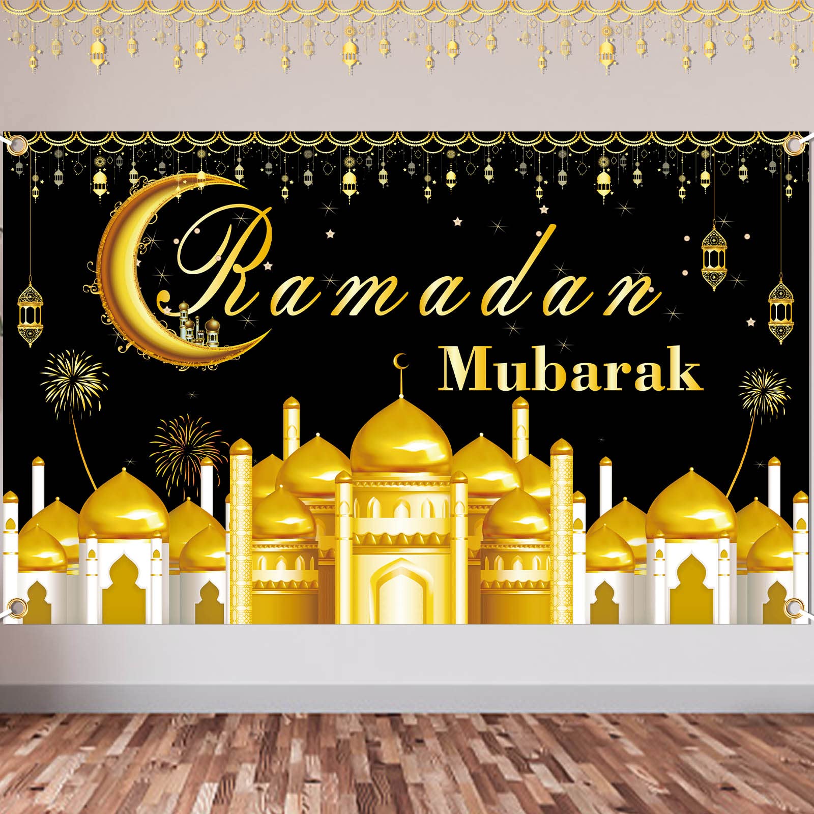 Ramadan Mubarak Banner - Gold & Blue Islamic Decor For Home & Eid Celebrations