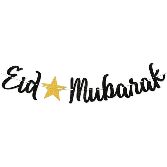 Eid Mubarak Banner - Muslim Islam Ramadan Mubarak Decor, Eid Al-fitr Festival Celebration Garland Party Decorations Black Glitter