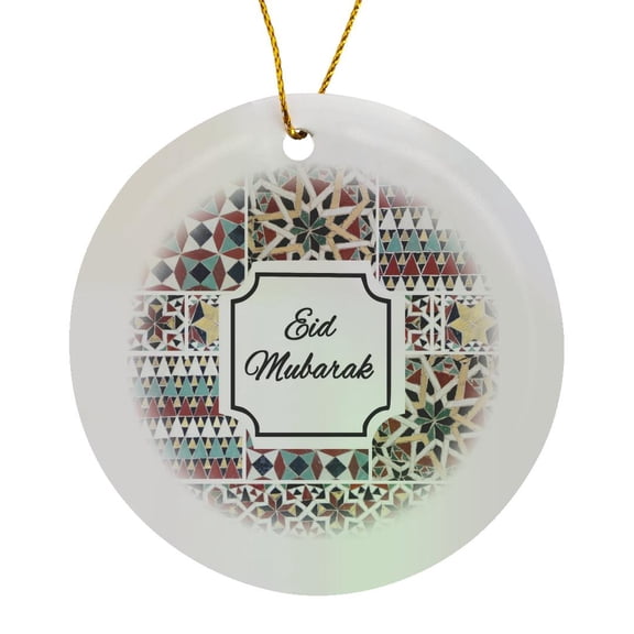 3drose, Eid Mubarak Blessed Happy Eid Wishes for Ramadan Red Turquoise Mosaic, Circle Porcelain Ornament