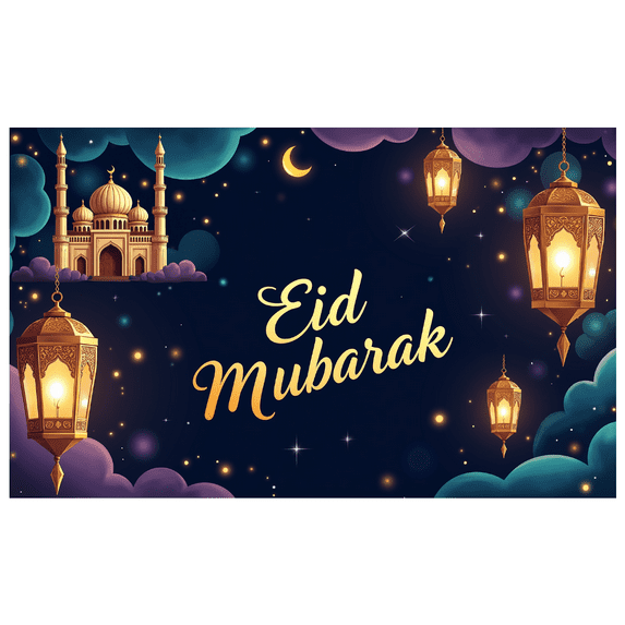 Eid Mubarak Celebration Colorful Lanterns Night Sky Backdrop Banner Decorations Party Supplies Photography Props Islamic Festival