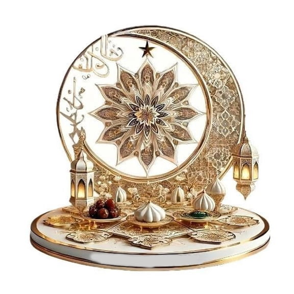 Eid Mubarak Decor Islamic Crescent Ornament, 2D Flat Elegant Lantern Desktop Decor, for Muslim Ramadan Home Dining Table Centerpiece Shelf Mantel Holiday Decoration