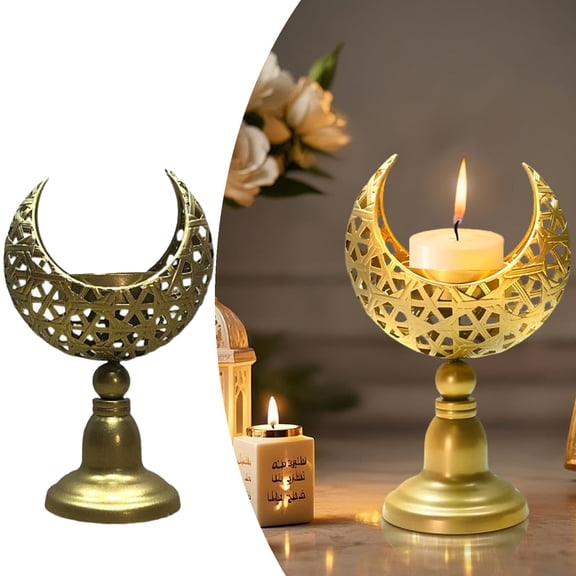 Eid Mubarak Decorations,2025 Golden Moon Shape Candle Holder - Classic Metal Candlestick Holder for Ramadan & Eid Mubarak Decor, Table Centerpiece for Birthday, Wedding, , and Home Celebrations