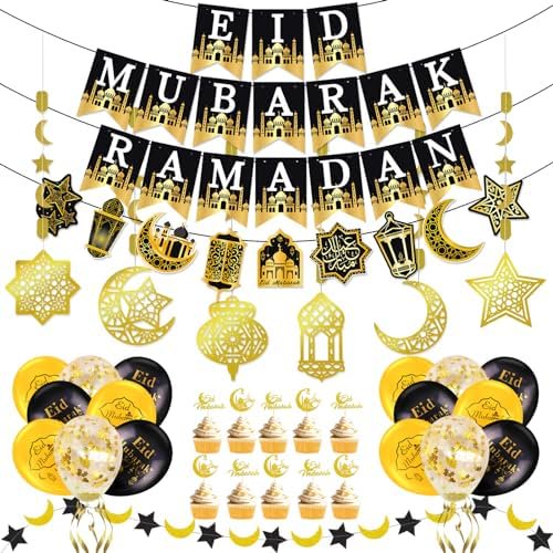 Eid Mubarak Decorations - Preassembled Eid Mubarak Banners, Ramadan Decorations for Home with 16 Pcs Balloons, 6 PCS Islamic Star Moon Lantern Garland Streamer, 10 Cupcake Toppers