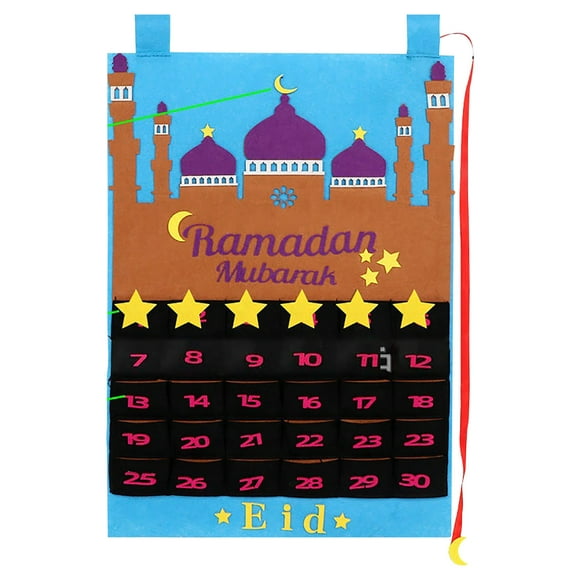 Eid Mubarak Ramadan Countdown Calendar, 30 Day Living Room Muslim Home Decor, Golden Star Cloth Hanging Wall Decoration