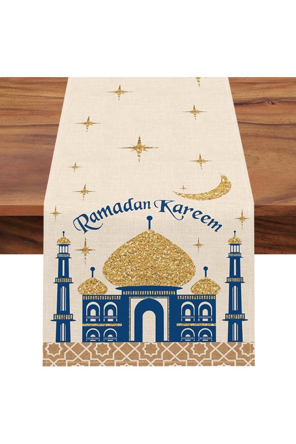 Eid Mubarak Ramadan Kareem Table Runner, Muslim Mosque Gold Moon Stars Kitchen Dining Table Decor, Islamic Home Decoration Indoor Outdoor Party Supply 13 x 72 Inch