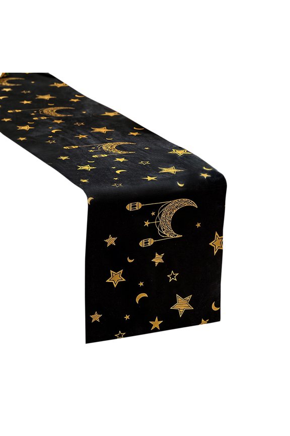 Eid Mubarak Ramadan Table Runner 13x71 Inch, Moon and Stars Mosque Black and Gold Linen Table Runner, Ramadan Mubarak Table Runner for Dining Table, Dresser & Home Decorations
