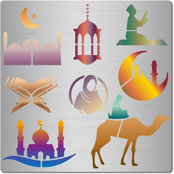 Eid Mubarak Stencil Ramadan Mosques Moon Lantern Stainless Steel Metal Drawing Template for Painting on Wood Burning Wall Fabric Scrapbooking Engraving Pyrography Embossing Home Decor for DIY