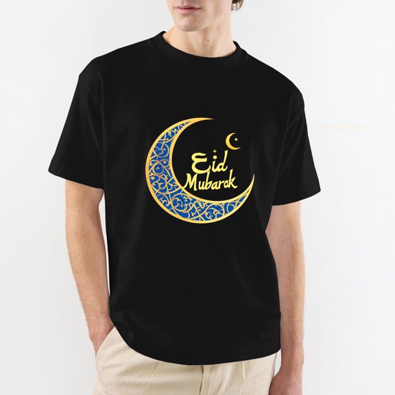Eid Mubarak T-Shirt, Happy Eid Al-Fitr Islamic Muslim Holiday Family Matching Tee, Ramadan Mubarak Gift Black T-Shirt 5XL