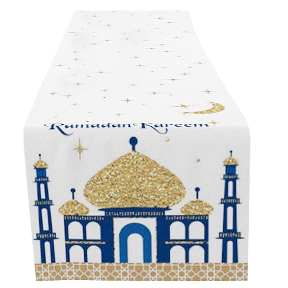 Eid Mubarak Table Runner, Ramadan Kareem Golden Mosque Moon and Stars Design, Seasonal Kitchen Dining Table Decor for Home Party, Holiday Indoor Outdoor Decoration