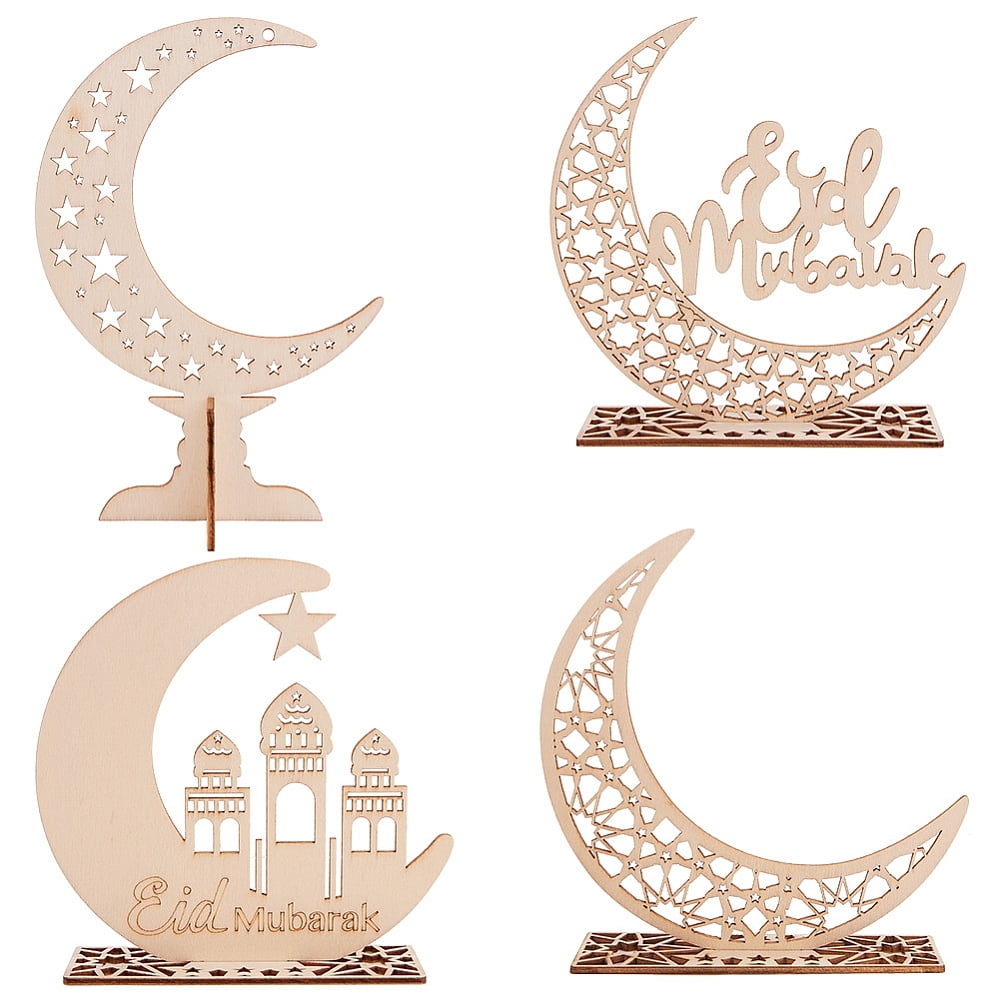 Eid Mubarak Wooden Ornaments Ramadan Wood Tabletop Decoration Moon with ...
