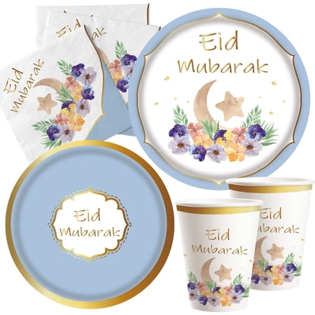 Eid Mubarak tableware Set - 16 Guests Ramadan Eid Mubarak Gold Foil Decorations Supplies,9" Dinner 7" Dessert Disposable Paper Plates,Napkins Cups